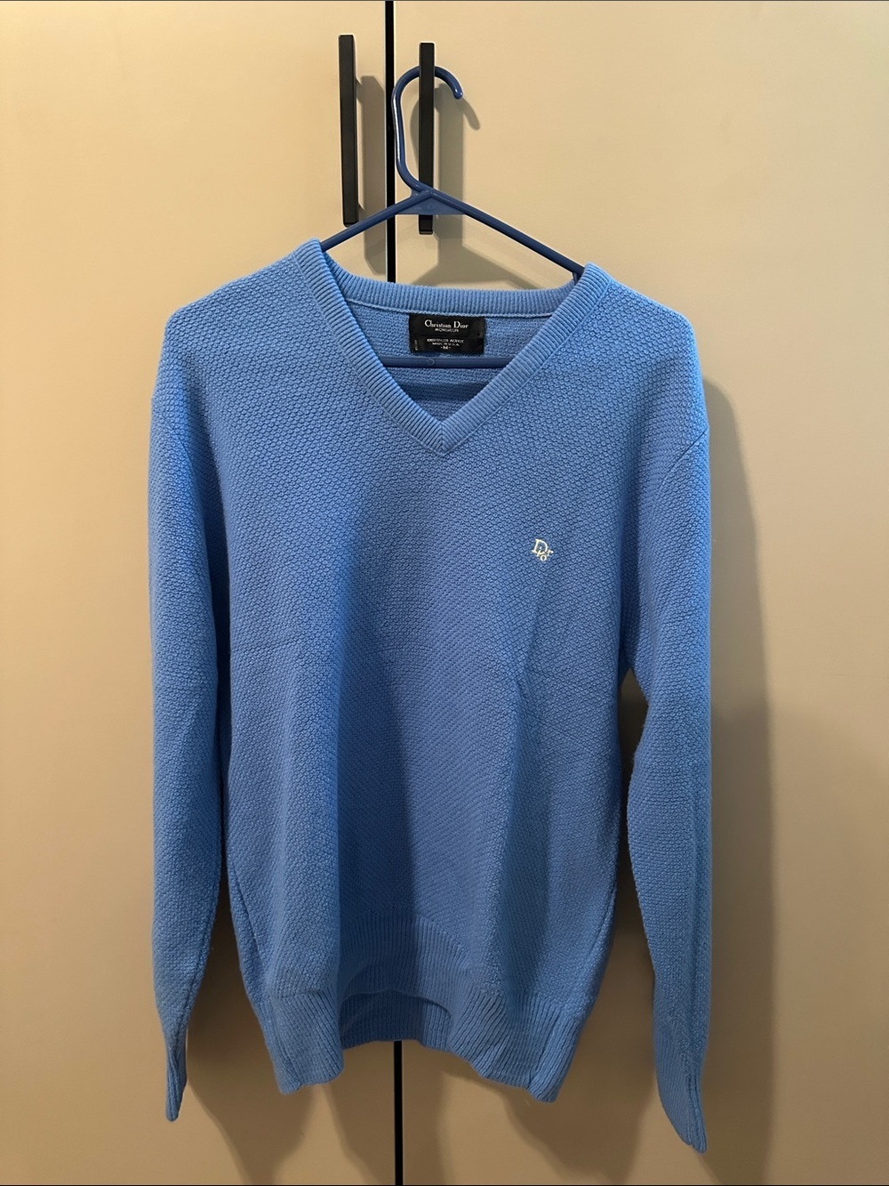 Dior Vintage Sky Blue V-Neck Knit Sweater Size Medium